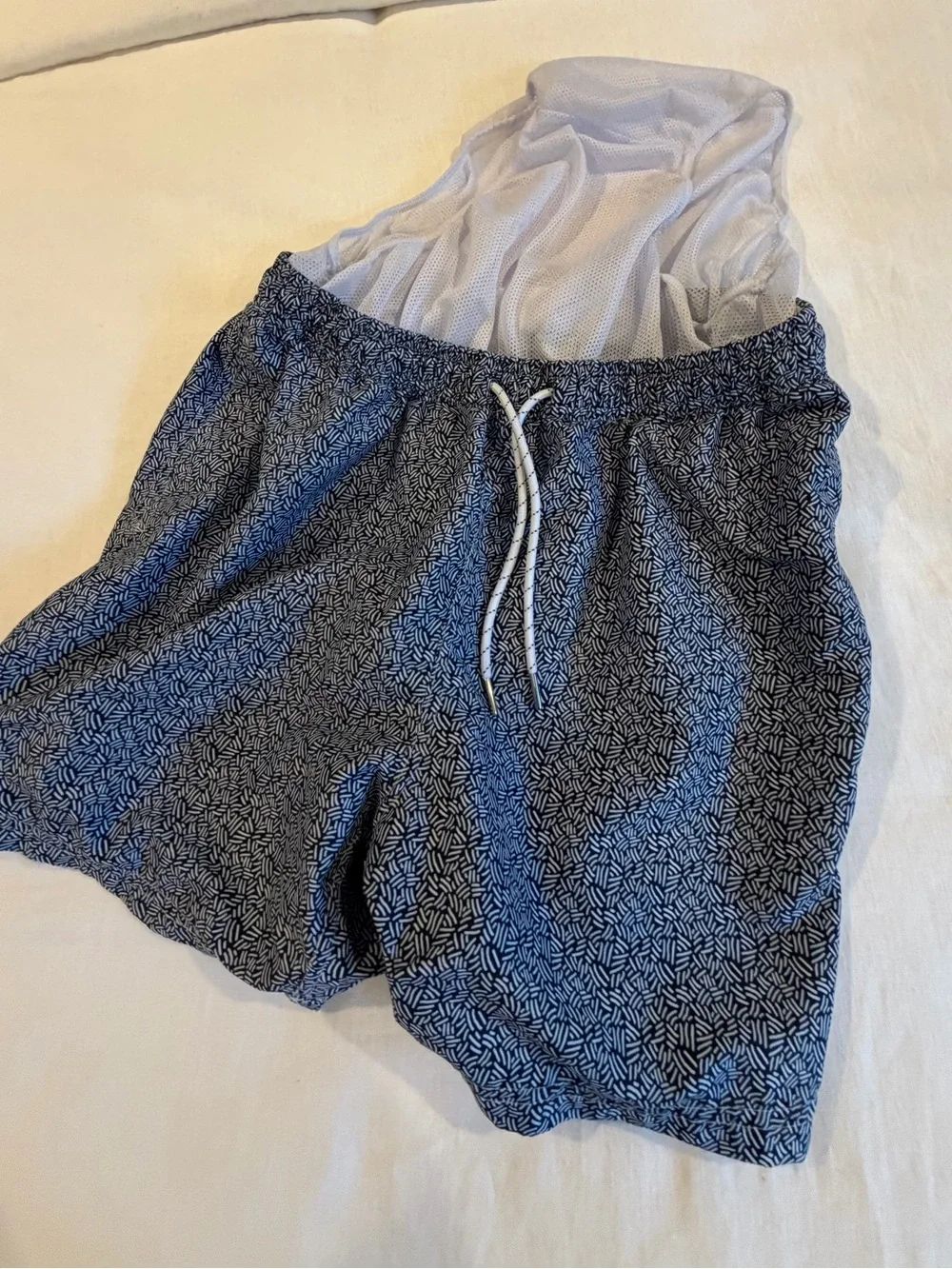 Men's Blue Patterned Swim Trunks with Drawstring Waist